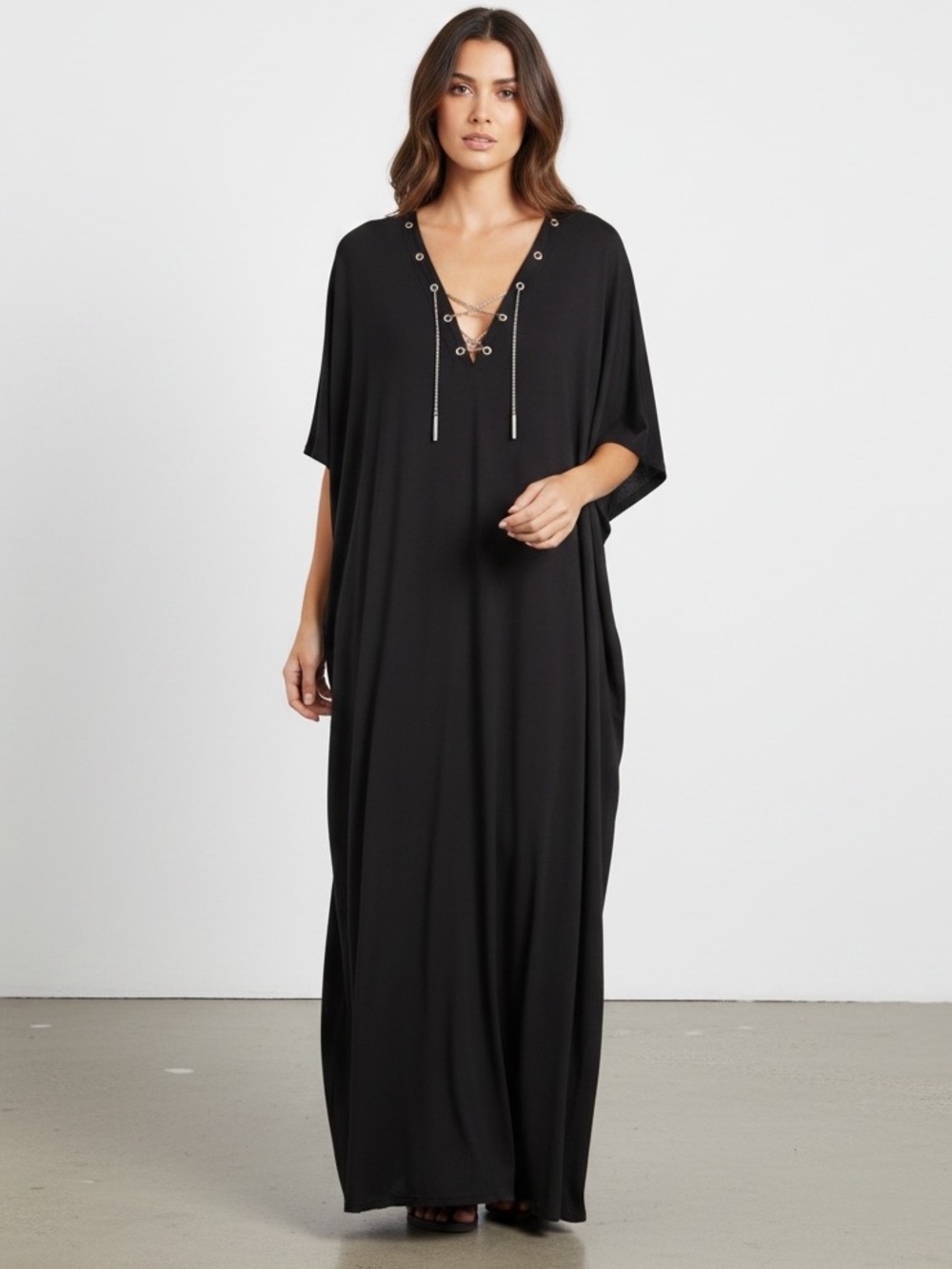 Michael Kors Black Chain Lace-Up V-Neck Maxi Caftan